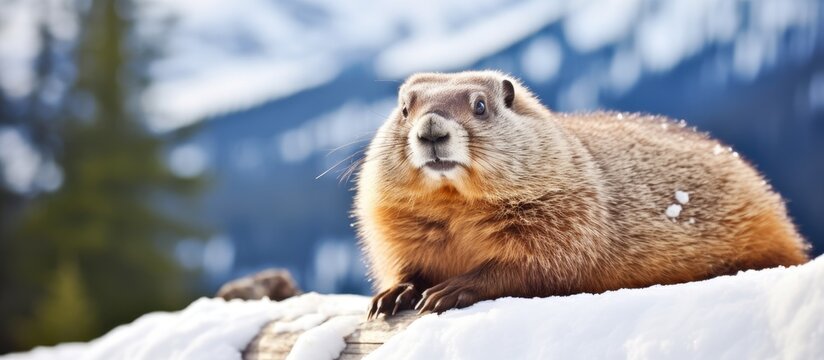 A marmot rests on a log in a snowy scene.