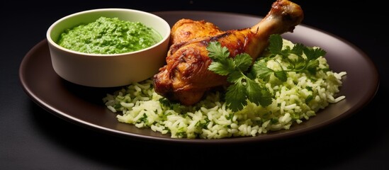 Peru's chicken legs served with green cilantro sauce and fried rice.