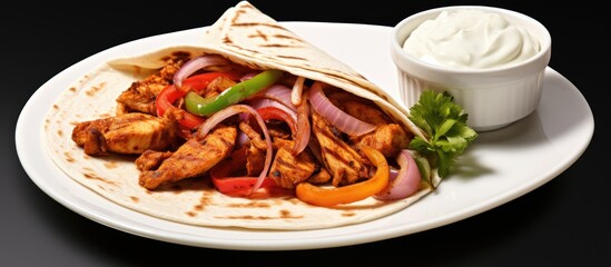 Chicken fajitas with peppers, onions, and a marconi red hot pepper, served with sour cream and sauce on the side.