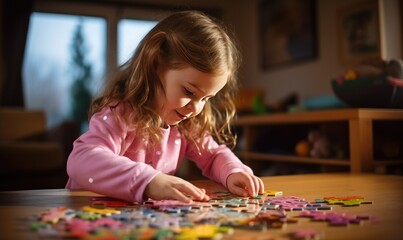 A little girl playing with a puzzle on a table