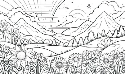 A black and white landscape with mountains and flowers