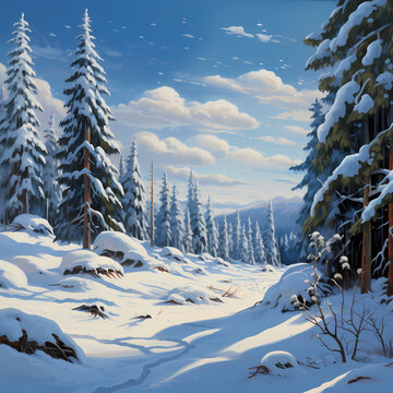 A snowy landscape with a cluster of pine trees.