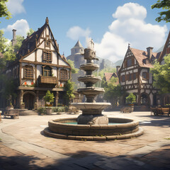 A peaceful village square with a fountain.
