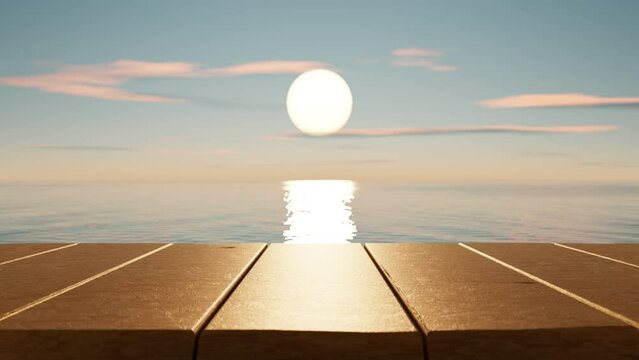 Wooden table on wave beach and sunset sky abstract background. Copy space for product presentation. 3d render.	