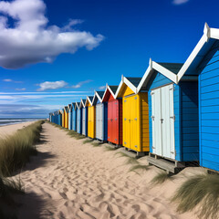 A row of neatly aligned beach huts on a sandy shore.