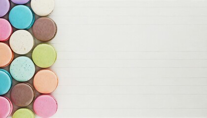 Colorful macaroons on the left, blank space on the right. top view