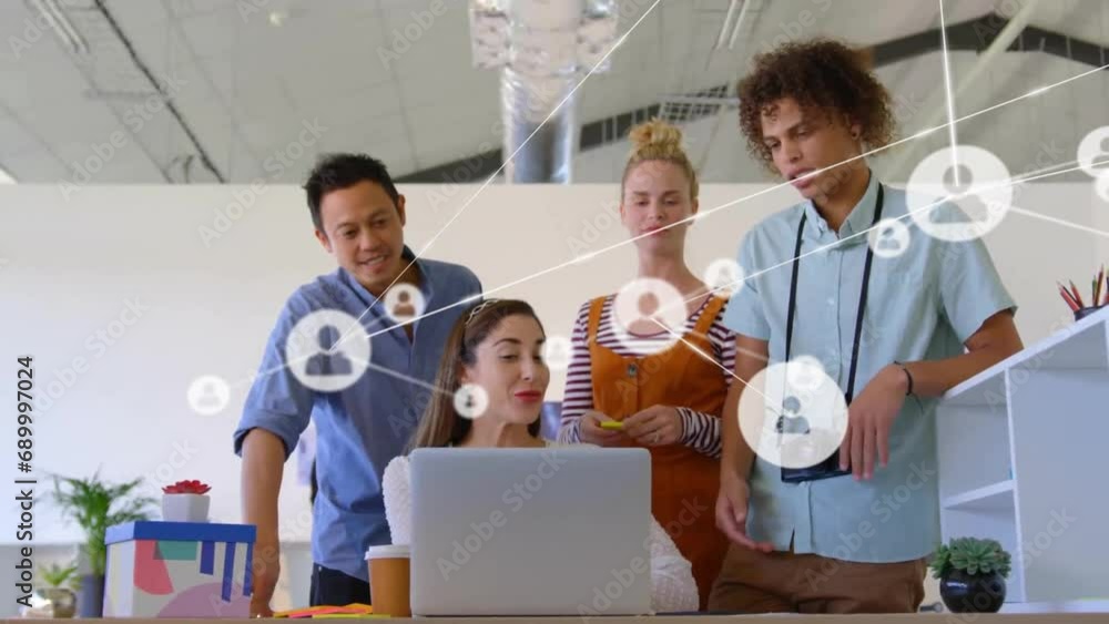 Poster animation of network of connections with icons over diverse colleagues discussing work in office