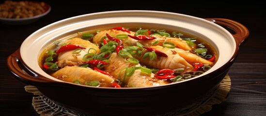 Famous dish in Chengdu, Sichuan province, China named clear sweet sour hot fish, made with lemon, pepper, grass carp, green pepper, and chicken soup.