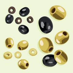 A set of pitted yellow and black olives, whole and cut into circles. Vector image.