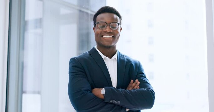 Portrait, business or black man in office with arms crossed, smile and pride for stock market trading, consulting or financial advisor. Happy trader, salesman or corporate broker in professional suit
