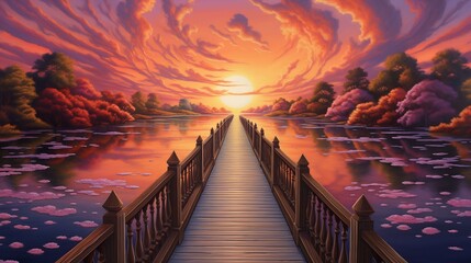 Under the red sunset, a lonely old wooden bridge crosses the quiet lake - obrazy, fototapety, plakaty