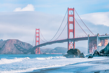 Beautiful view of the Golden Gate Bridge in San Francisco, pastel colors. Concept, travel, world attractions