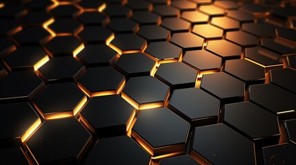 Luxury hexagonal abstract black metal background with golden light lines, Generative AI