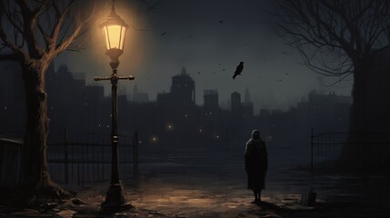 a lone traveler with his crow In a dark alley, a street lamp illuminates the figure of a tramp - obrazy, fototapety, plakaty