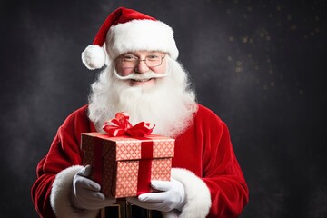 Christmas santa claus with gift box, copy space with generative ai