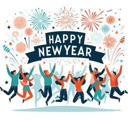 People celebrating Happy new year flat design illustration, vector with fireworks and decor