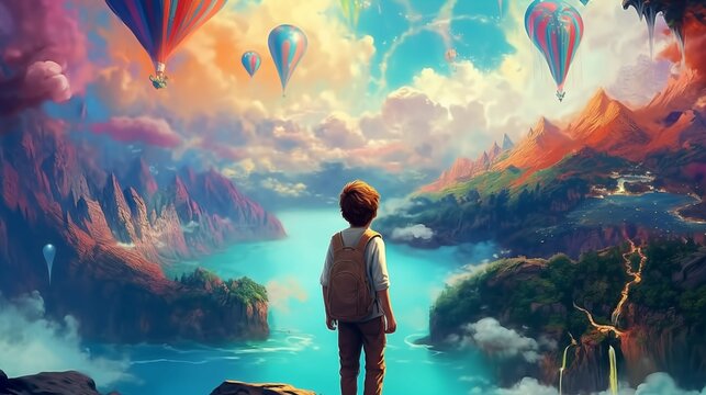 a child exploring a fantasy landscape on a summer day. Use a style inspired by the Antoine Saint-Exupery. The colors should be light