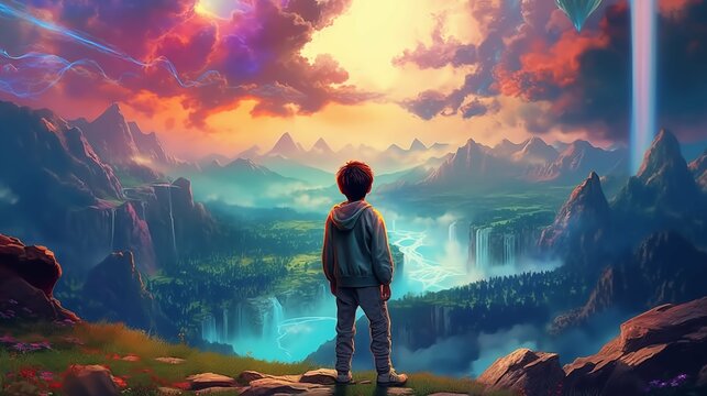 fantasy world with vibrant and surreal colors, floating islands in the sky, and a little boy exploring this magical realm, a sense of wonder and discovery