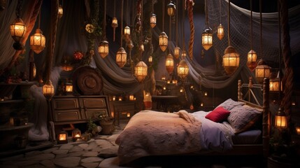 Obraz na płótnie Canvas An artistic arrangement of hanging lights and lanterns in the Eclectic Wonderland Sleeping Nook, creating a magical and enchanting ambiance that adds to the whimsical atmosphere.