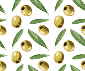 Pattern of yellow olives with leaves. Seamless pattern in vector.