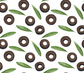 Pattern of black olives cut into circles with leaves. Seamless pattern in vector.