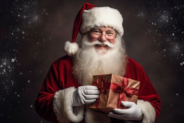 Christmas santa claus with gift box, copy space with generative ai