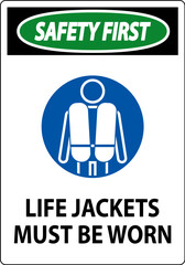 Water Safety Sign Attention, Life Jackets Must Be Worn