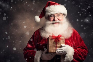 Christmas santa claus with gift box, copy space with generative ai