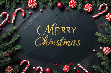 Christmas Concept, Christmas Card and sign.  - Tree And Candy Canes On Black Stone, inscription merry Christmas Copy space.