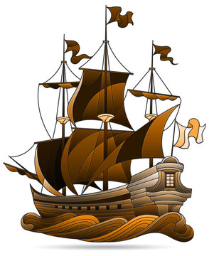 Illustration in the style of a stained glass window with a sailing ship, isolated on a white background, tone brown