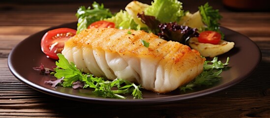 Cod fillet fried and served with fresh salad on a wooden table