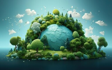 Obraz na płótnie Canvas Happy Earth day poster with a globe and rain forests, clouds, green lush trees in the center. Clay sphere. Wild nature 3d render illustration, vignette, copy space. Birds flying around. AI Generative