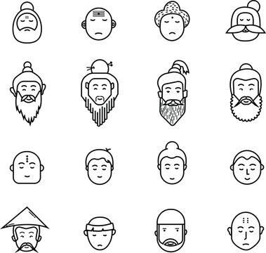 Set of Monk Faces Icons with editable stroke. Holy persons of various religions like Buddhist monk, Rishi muni, Shaolin monk, Priest and Preacher