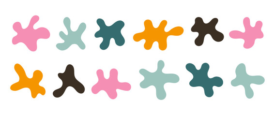 Abstract organic shapes collection. Irregular liquid forms set. Curved amoeba blobs, blotches, drops or stains bundle. Morphing design elements for label, sticker, banner, tag, collage. Vector pack