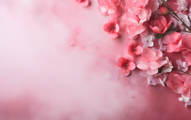 Pink flowers on a pink background with copy space