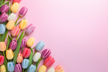 Many colorful tulip flowers on side of pastel pink background with copy space