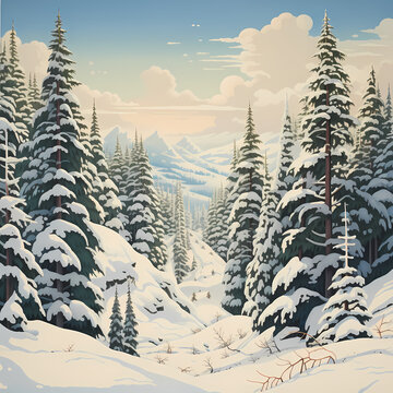 A snowy landscape with a cluster of pine trees.