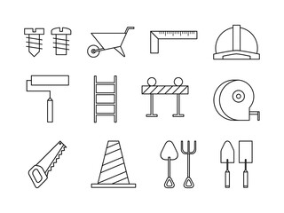 Fototapeta premium Construction Tools Icon Line Art Style Illustration. Construction Equipment Collection, Perfect for Designs With Carpentry or Construction Themes, Home and Building Renovations and Heavy Equipment