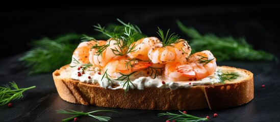 Toasted bread topped with cream cheese and cooked shrimp