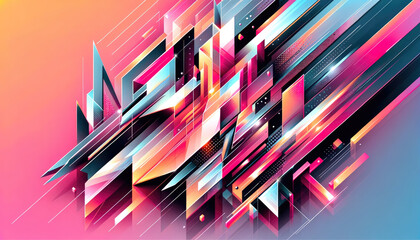 Abstract illustrations featuring a Neon Brights color scheme with the inclusion of Pantone 13-1023 Peach Fuzz. The designs showcase geometric shapes with sharp angles and a glossy, reflective texture.