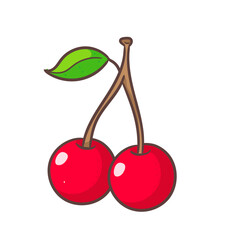 Cute cherry cartoon. Hand drawn fruit concept icon design. Isolated white background. Flat vector illustration.