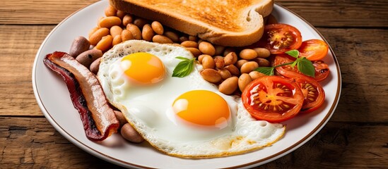 Top view of a traditional English breakfast consisting of fried egg, beans, tomatoes, mushrooms, bacon, and toast.