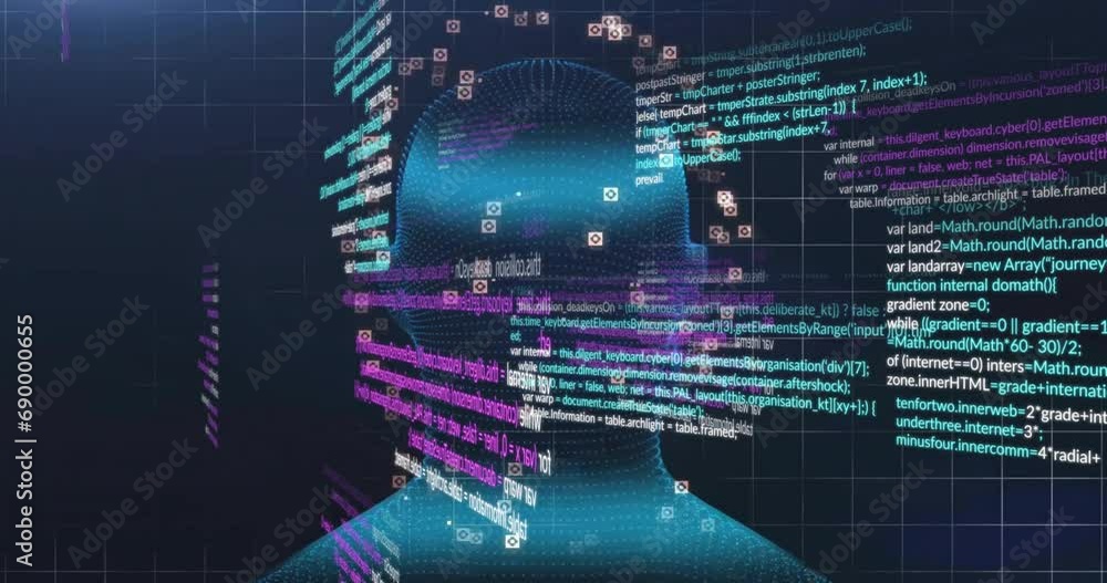 Poster animation of human head and data processing over dark background