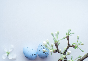 Happy Easter, white concept. Easter decorations on white background with copy space. Easter greating card. Flat lay. Apple tree twig, blue eggs and white flower. Celebrating Easter holidays.
