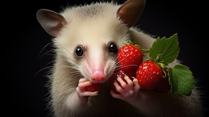 A small mouse eats strawberries.