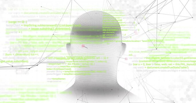 Animation of human head and data processing over white background