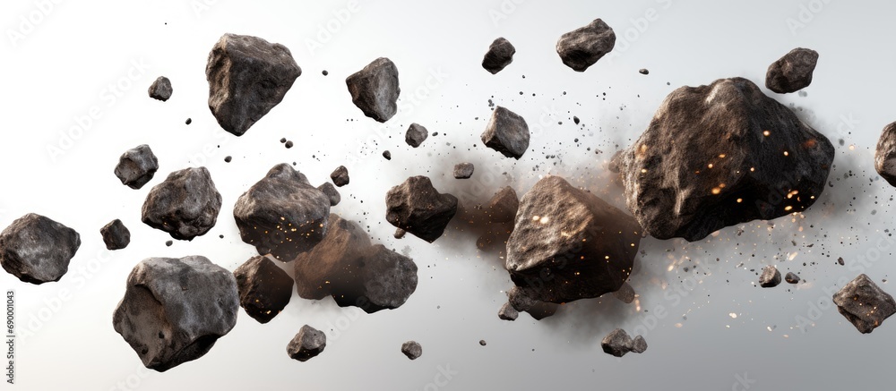Poster a cluster of isolated asteroids in a white background (ai rendering).