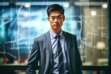 portrait of beautiful mature asian business man in front of a information whiteboard