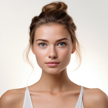 close-up of a beautiful girl with hair tied back on a white background, showcasing elegance, ai technology