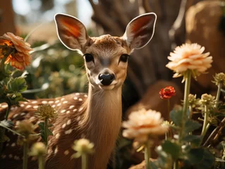 Fototapeten Beautiful young deer with flowers in the garden, close-up © Chayan